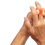 Two hands clasping a finger that is reddened, suggesting finger pain or injury